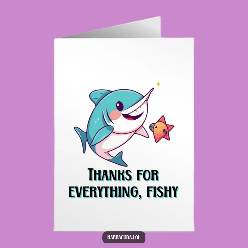 Free Printable Kawaii Barracuda Thank You Card: Funny Fish Chase Download
