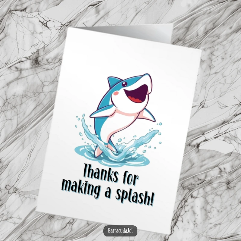 Funny Free Printable Thank You Card: a kawaii barracuda joyfully splashing as it leaps out of the water.
