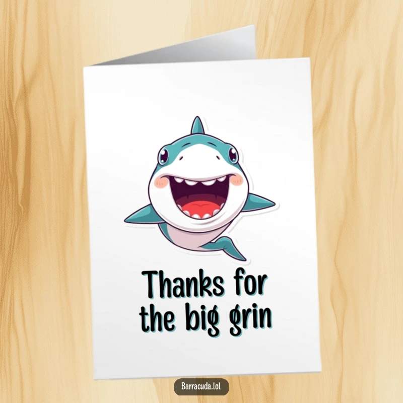 Funny Free Printable Thank You Card: A kawaii barracuda with a huge, toothy grin swims forward, saying thanks.