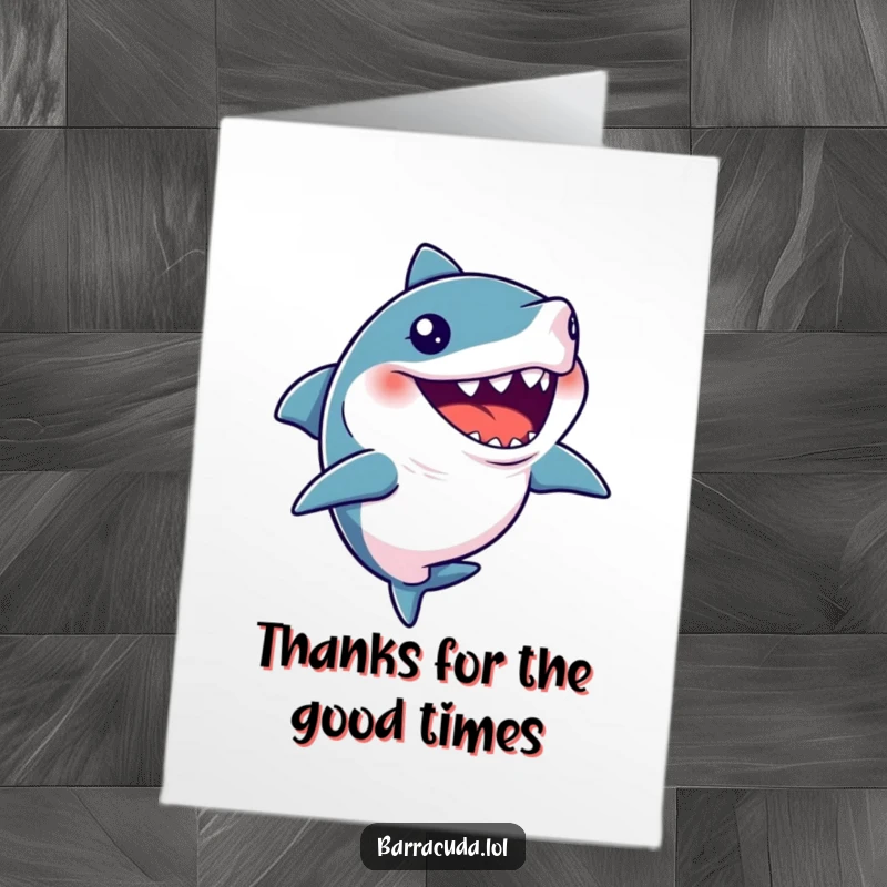 Funny Free Printable Thank You Card: A barracuda's open mouth suggests a silent, hilarious giggle of gratitude.