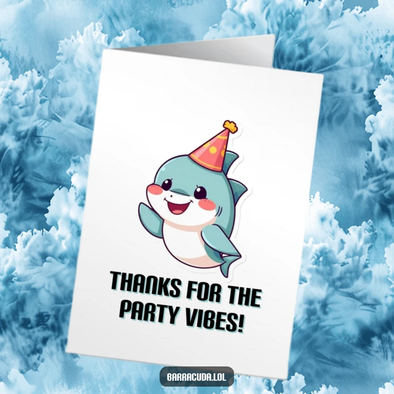 Free Printable Thank You Card: A cheerful little barracuda wearing a tiny party hat, expressing thanks.