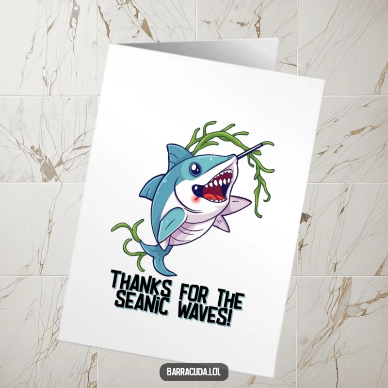 Funny Free Printable Barracuda Thank You Card: A fish elegantly twirling seaweed to express thanks.