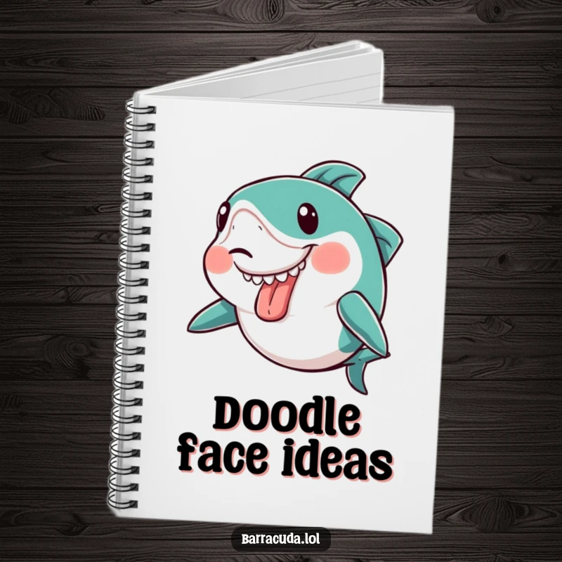 Funny kawaii barracuda making a silly face with its tongue sticking out slightly on a notebook, encouraging witty notes.