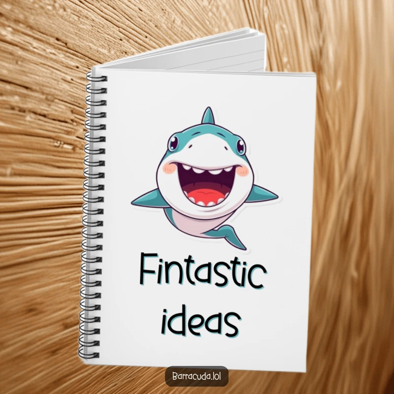 Funny notebook with a kawaii barracuda with a huge, toothy grin, swimming excitedly forward, ideal for jotting down ocean-themed thoughts.