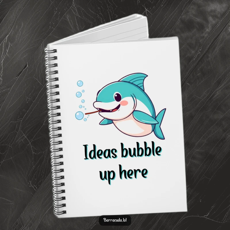 Funny barracuda notebook cover with an amused barracuda blowing a stream of water bubbles, ideal for writing.
