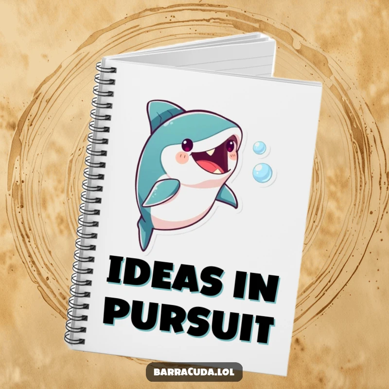 Funny barracuda character playfully chasing a small bubble, perfect for a humorous and inspiring notebook cover.