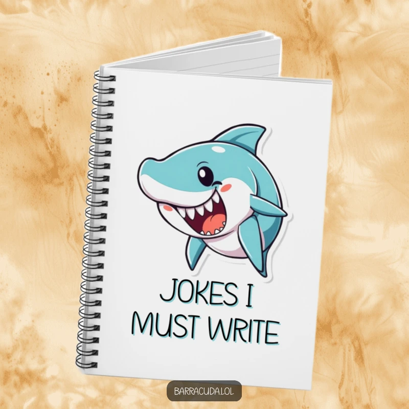 Funny barracuda character with an open mouth, as if telling a joke, on a humorous notebook cover.