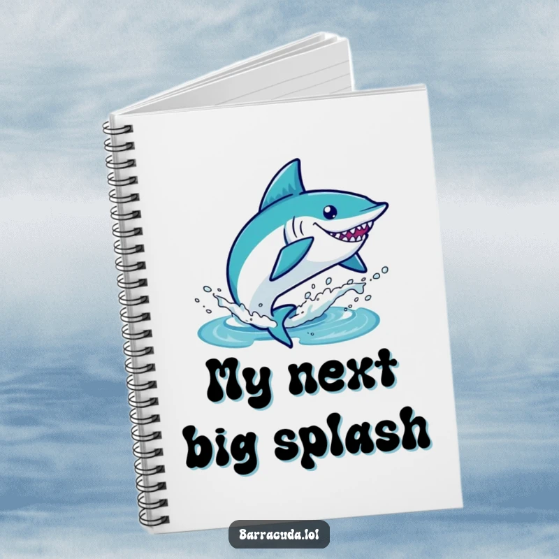 Funny kawaii barracuda leaping out of water with a splash, cute and humorous notebook for writing.