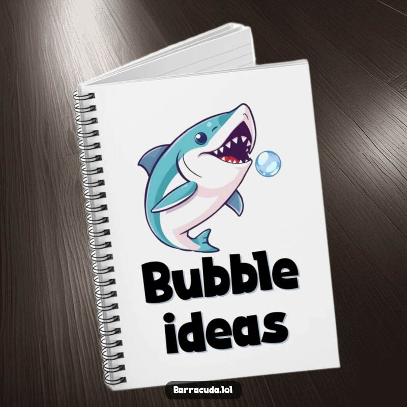 Funny barracuda notebook of a fish playfully chasing a bubble, designed for jotting down notes with whimsical humor.