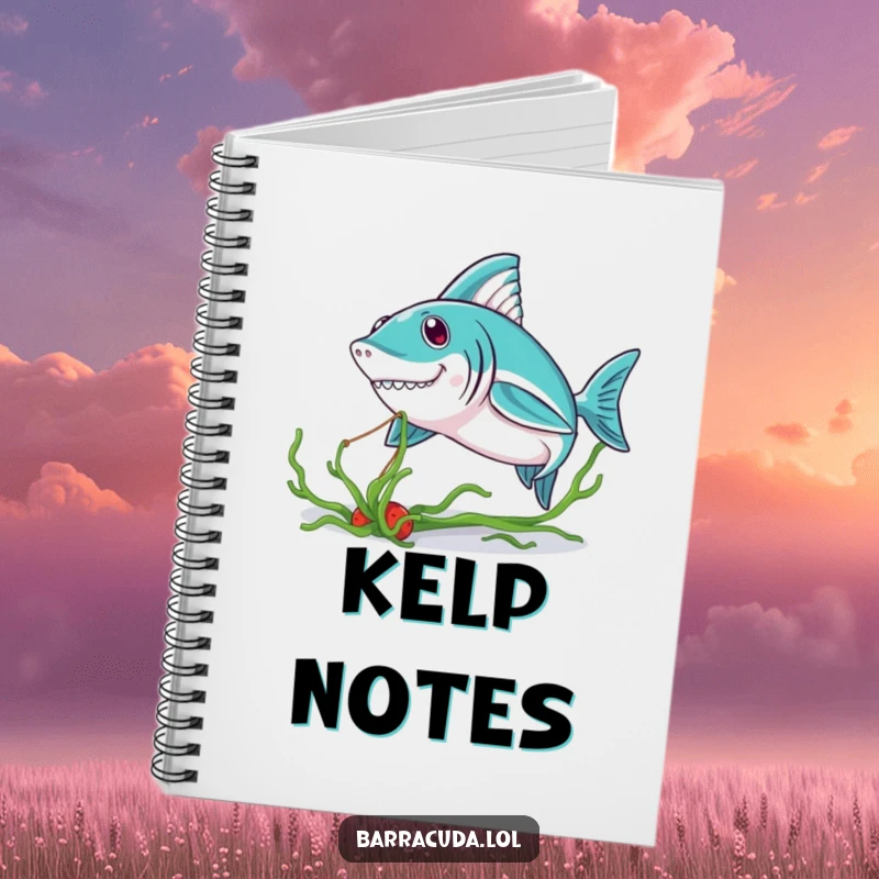 Funny Kawaii Barracuda Notebook: a cute barracuda playfully tugging seaweed, perfect for jotting down funny thoughts and ocean dreams.