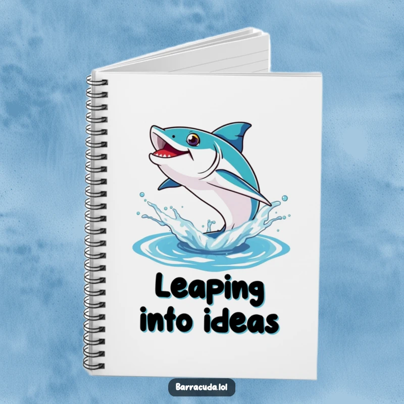 Funny notebook featuring a barracuda in mid-leap out of a water splash, inspiring energetic note-taking.