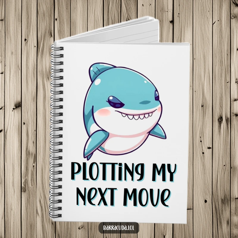 Funny Kawaii Barracuda Notebook featuring a mischievous fish with a twinkling eye, perfect for jotting down notes and ideas.