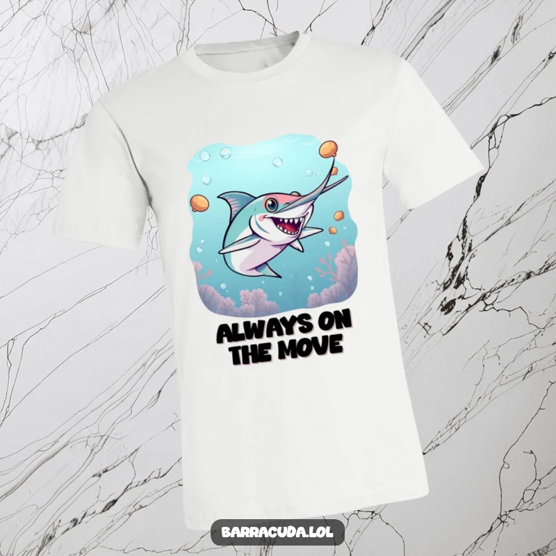 Funny barracuda t-shirt graphic of a barracuda energetically playing a game of underwater tag, full of action.