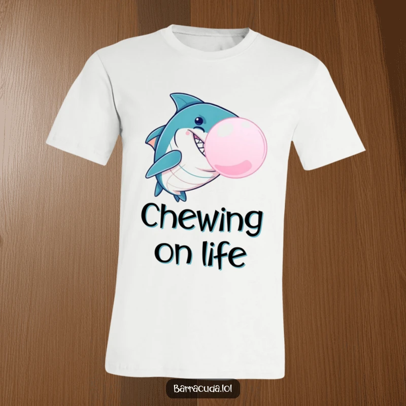 Funny Barracuda Bubble T-Shirt, a cheeky barracuda with a mischievous grin blowing a huge bubblegum bubble, ideal for those who love marine life and humor.