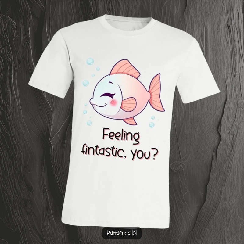 Funny fish t-shirt featuring a fish winking playfully, encircled by delicate tiny bubbles, conveying a fun, cheeky attitude.