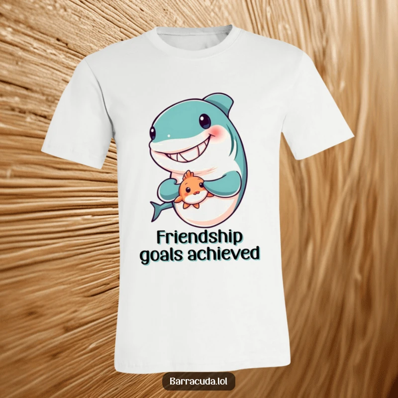 Funny t-shirt depicting a barracuda with a broad grin, protectively holding a small, timid fish, a symbol of friendship.