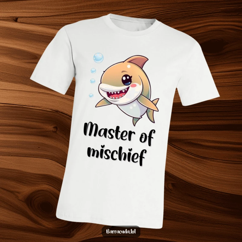 Funny t-shirt showcasing a cute barracuda with a wide, mischievous grin, enthusiastically chasing a trail of sparkling bubbles.