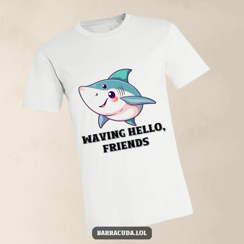 Funny barracuda t-shirt depicting a fish with a big, friendly tail fin wave, perfect for ocean and beach lovers.