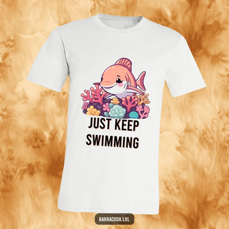Funny barracuda t-shirt featuring a mischievous barracuda winking from behind a bright coral reef, ideal for beach lovers seeking humor.