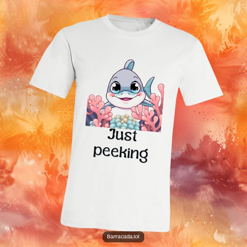 Funny barracuda t-shirt of a fish with curious eyes peeking from behind coral, representing exploration and playful discovery.