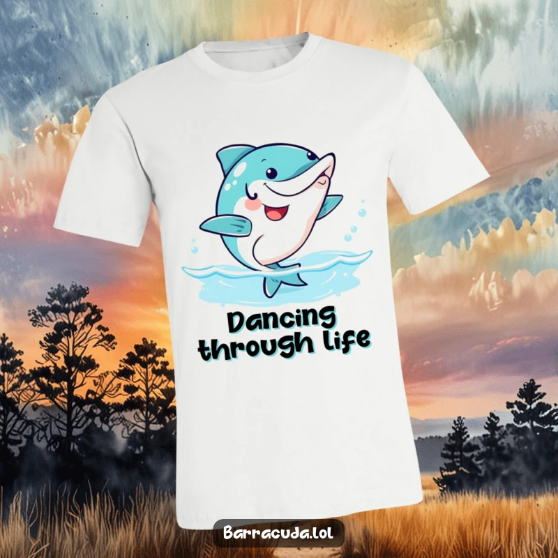 Funny kawaii barracuda energetically doing a wiggle dance underwater, happy and humorous t-shirt.