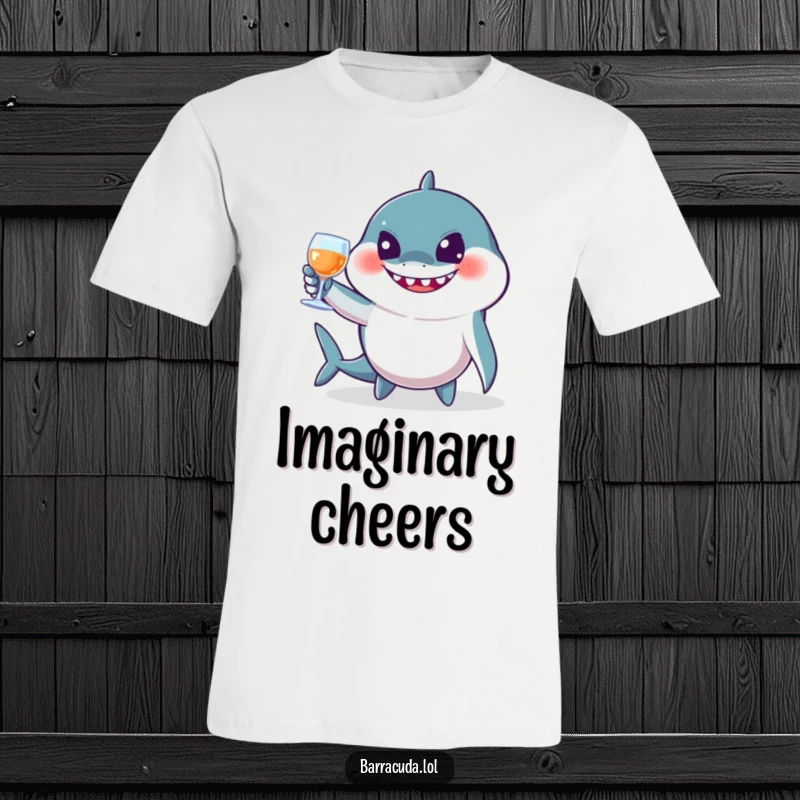 Funny barracuda t-shirt of a fish toasting with imaginary glasses, embodying a cheerful and celebratory party spirit.