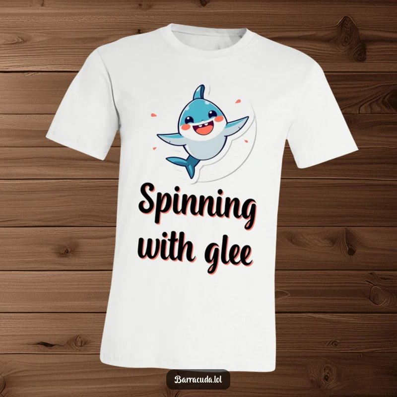 Funny, very happy kawaii barracuda spinning in a circle on a t-shirt, a symbol of uncontainable happiness.