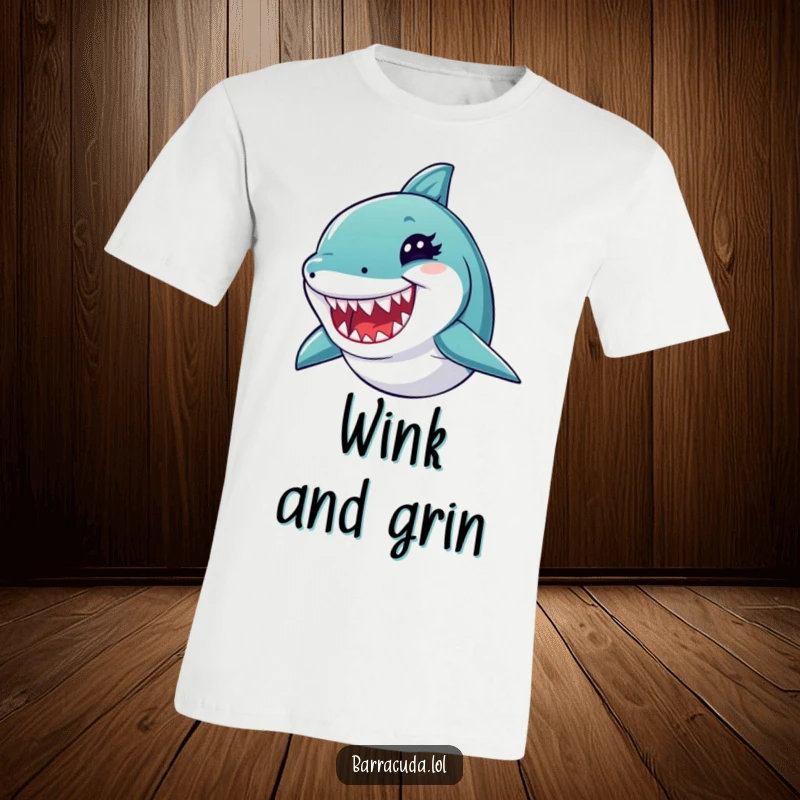 Funny barracuda t-shirt of a fish winking playfully and showing sharp, tiny teeth, a symbol of cheeky confidence.