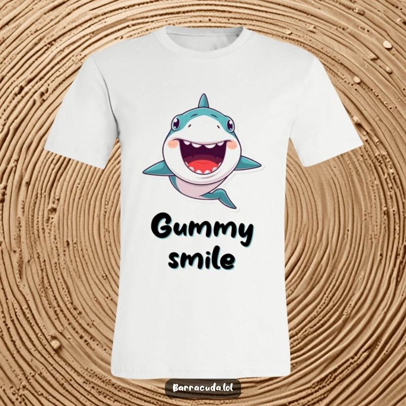 Funny t-shirt featuring a kawaii barracuda with a massive, toothy grin, swimming energetically forward with a cute yet fierce vibe.
