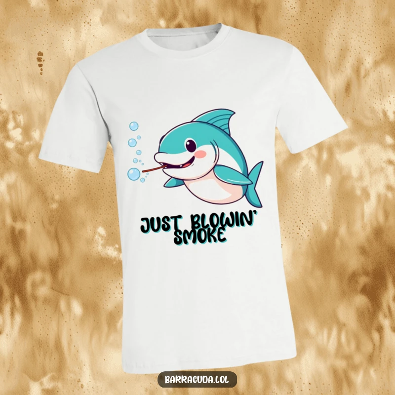 Funny barracuda t-shirt graphic of a barracuda playfully blowing a stream of water bubbles with an amused expression.