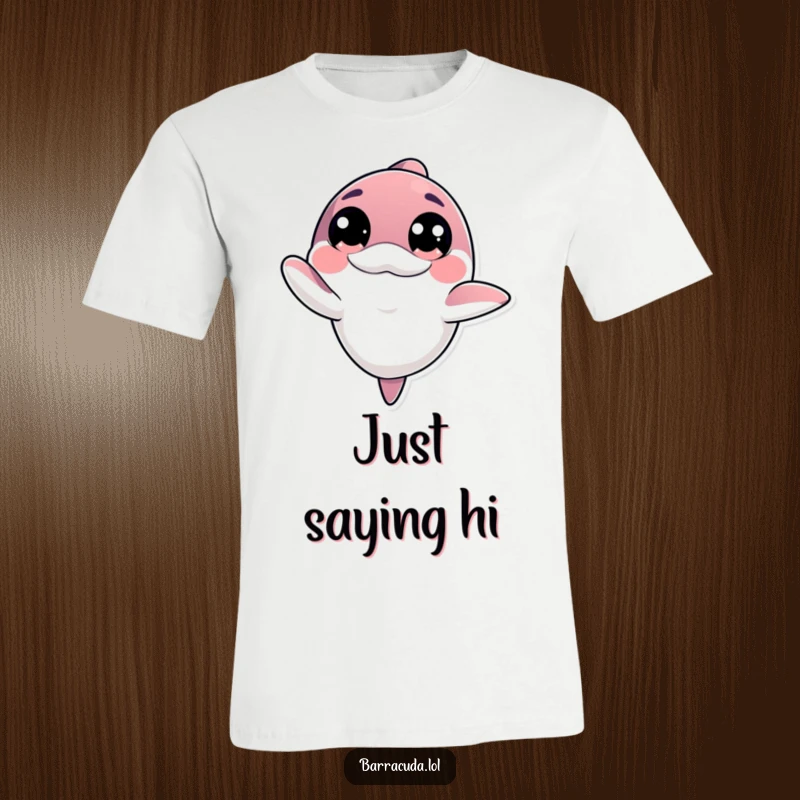 Funny kawaii barracuda with big innocent eyes offering a friendly wave on a t-shirt, a symbol of warm welcome.