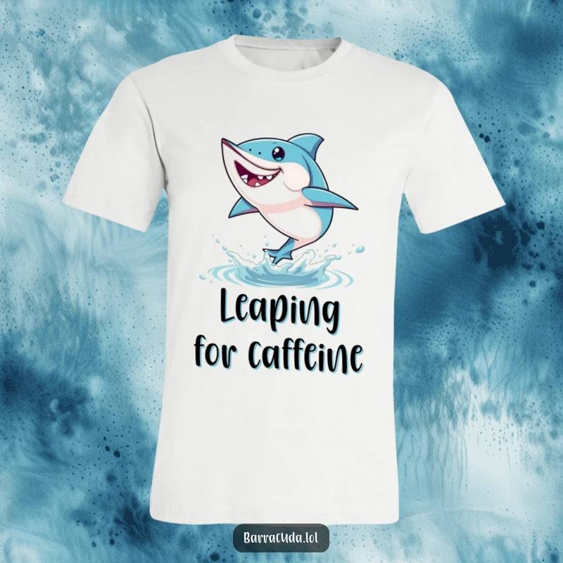 Funny barracuda t-shirt depicting a fish energetically leaping playfully out of the water, capturing a moment of pure aquatic freedom.