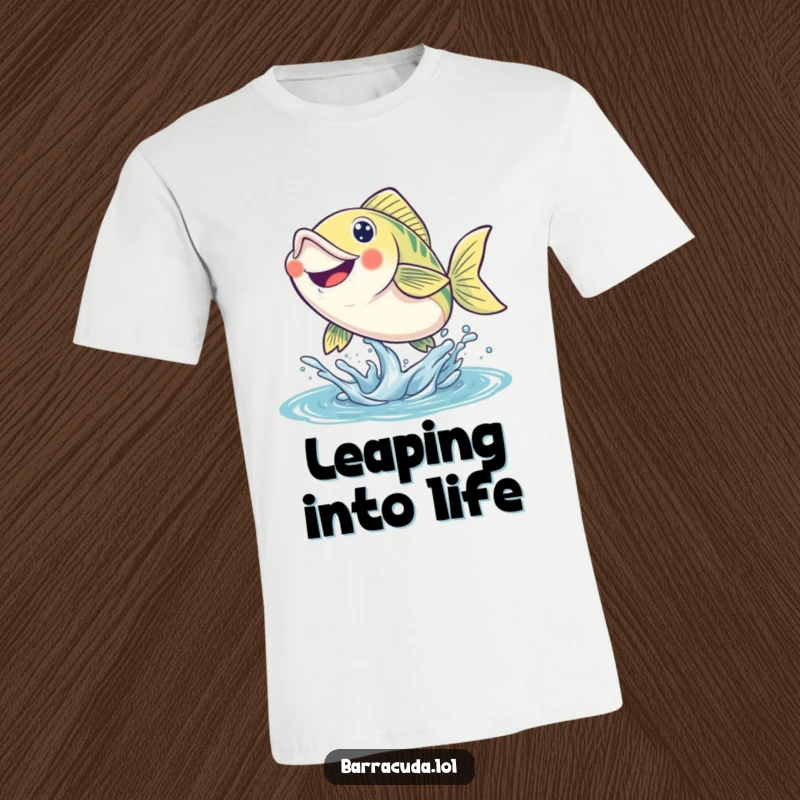 Funny fish t-shirt depicting a smiling fish leaping out of the water with immense energy and a joyful expression.