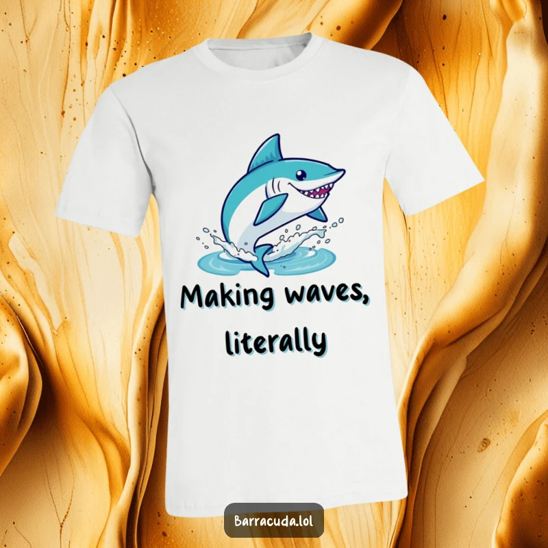 Funny kawaii barracuda mid-leap, creating a splash in the water, dynamic and humorous sea-themed t-shirt.