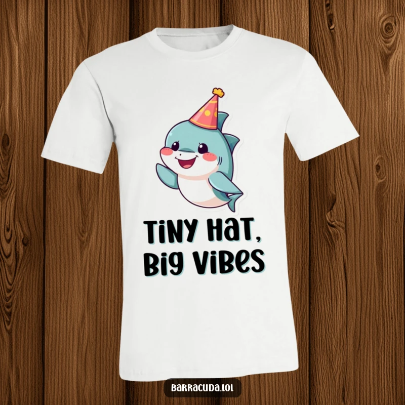 Funny barracuda t-shirt showing a small, cheerful fish character wearing a tiny party hat, embodying festive and playful vibes.
