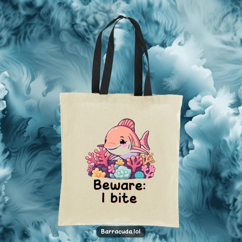 Funny barracuda tote bag, a barracuda peeks from coral reef, winking playfully, this durable tote is both stylish and humorous.