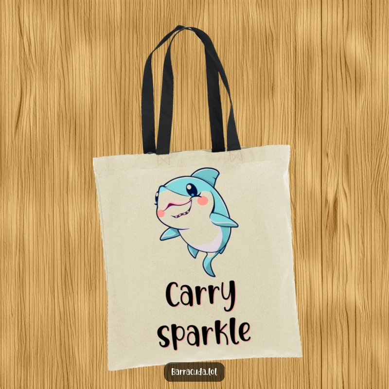 Funny Kawaii Barracuda Tote Bag: a cute barracuda winks with a glitter trail, perfect for carrying magic and style.