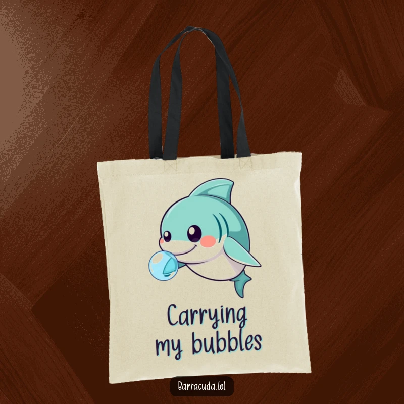 Funny kawaii barracuda nudging a bubble, cute and humorous tote bag for carrying essentials.