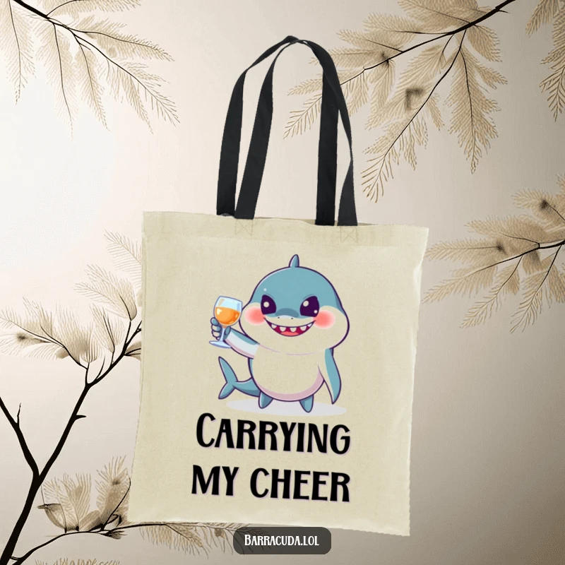 Funny barracuda tote bag of a jovial fish toasting with imaginary glasses, ideal for carrying party essentials humorously.