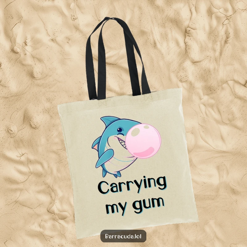 Funny Barracuda Bubble Tote Bag, a mischievous barracuda blowing a giant bubblegum bubble, perfect for shopping and everyday use with aquatic humor.