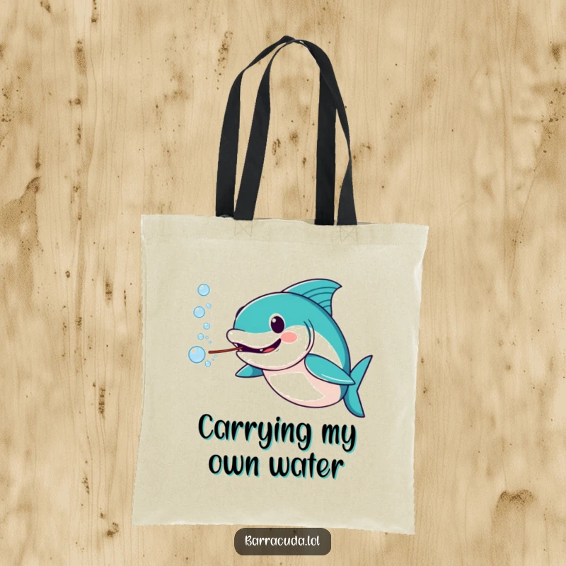Funny barracuda tote bag with an amused barracuda blowing a stream of bubbly water, ideal for everyday use.