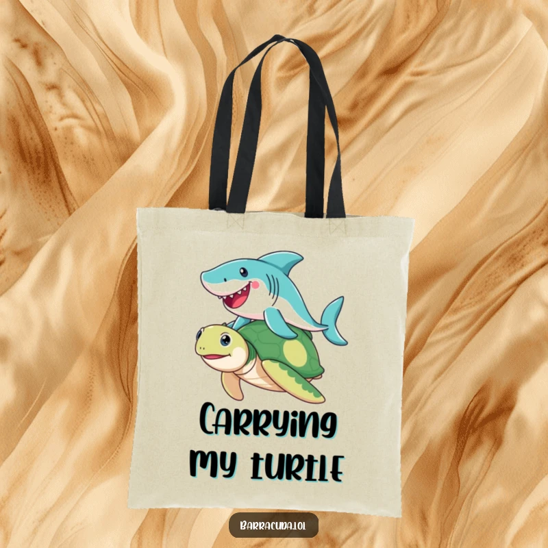 Funny Barracuda tote bag showing a joyful barracuda riding a friendly sea turtle, perfect for beach trips or grocery runs with a laugh.