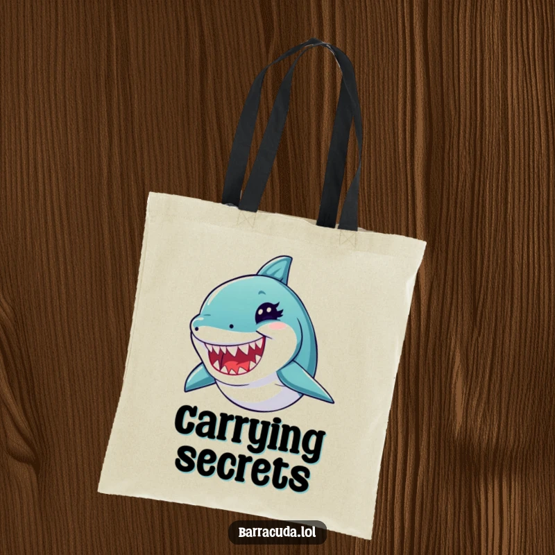 Funny barracuda tote bag featuring a winking fish with sharp teeth, perfect for carrying essentials with a humorous flair.