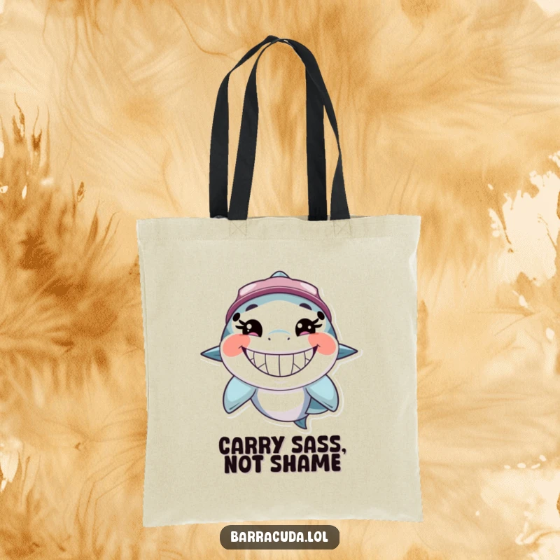 Funny barracuda tote bag depicting a fish with an exceptionally wide, toothy, happy grin, ideal for carrying essentials with a smile.