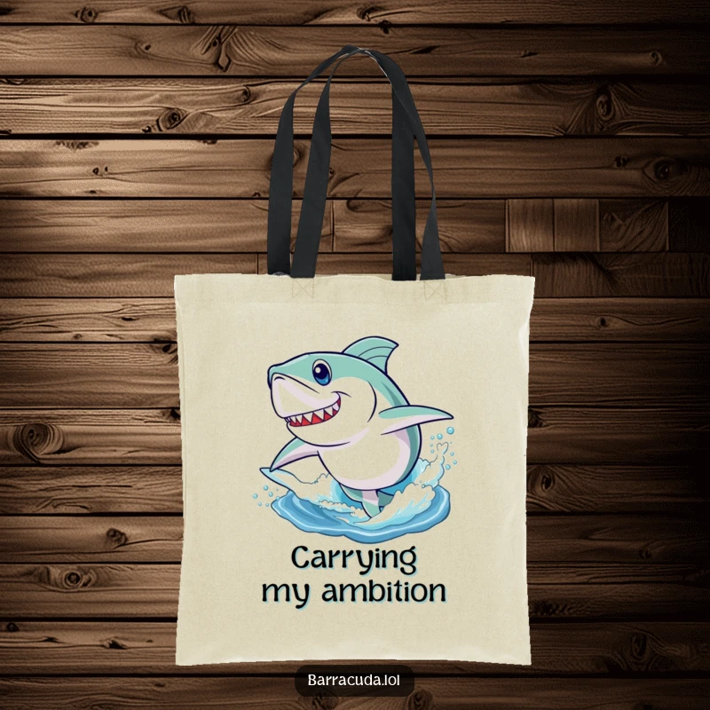 Funny tote bag depicting a barracuda with determination, playfully leaping high out of the water, a symbol of aquatic energy.