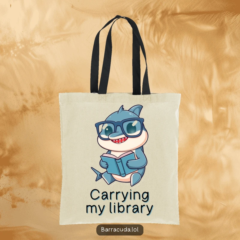 Funny tote bag designed with a barracuda wearing oversized spectacles, diligently reading a miniature book.