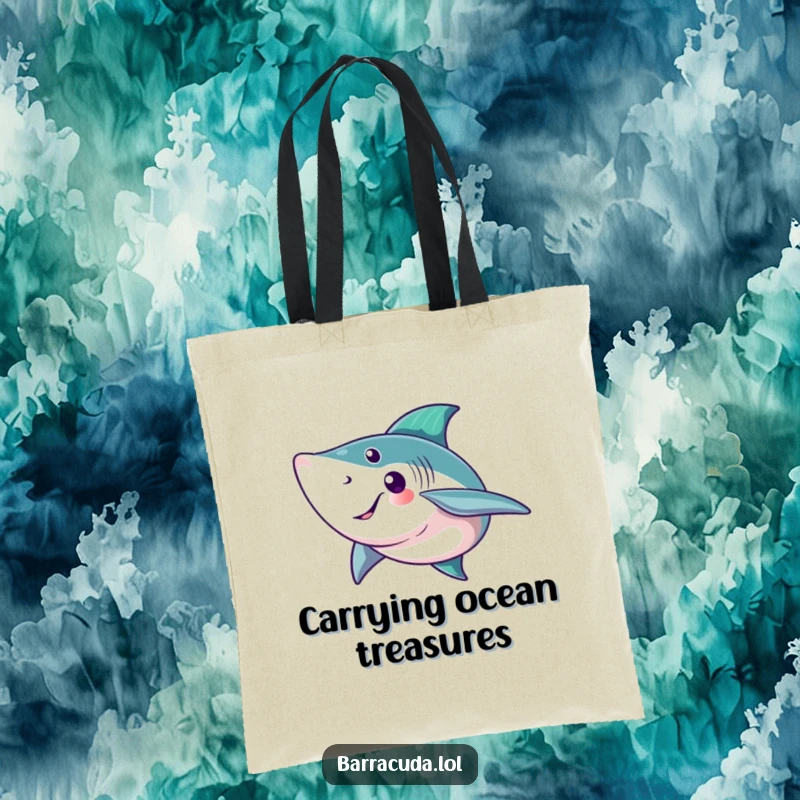 Funny barracuda tote bag showing a fish with a big, friendly tail fin wave, perfect for carrying beach essentials.