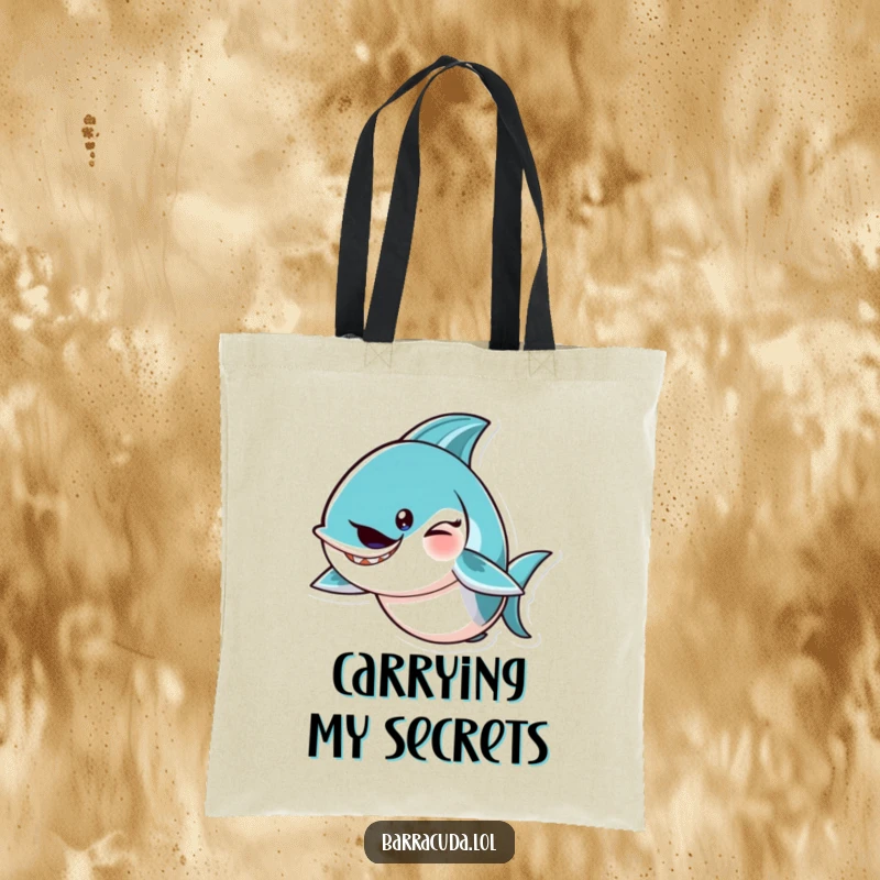 Funny barracuda character winking with a mischievous tail flick on this tote bag, offering a humorous and stylish accessory.