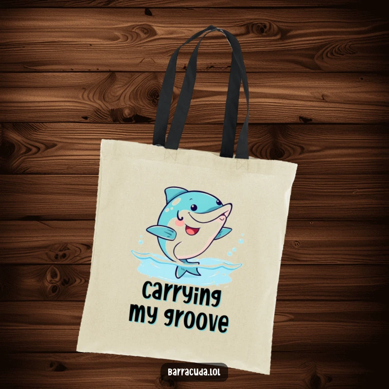 Funny kawaii barracuda doing a happy wiggle dance, cute and humorous tote bag.