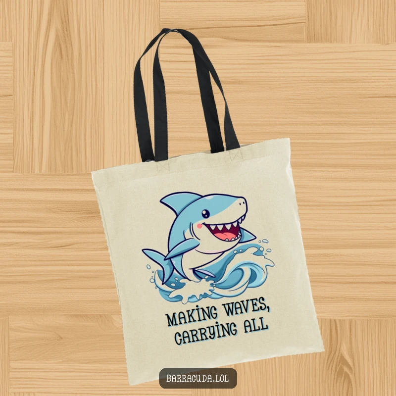 Funny kawaii barracuda character zipping happily through stylized waves on a cute and humorous tote bag.